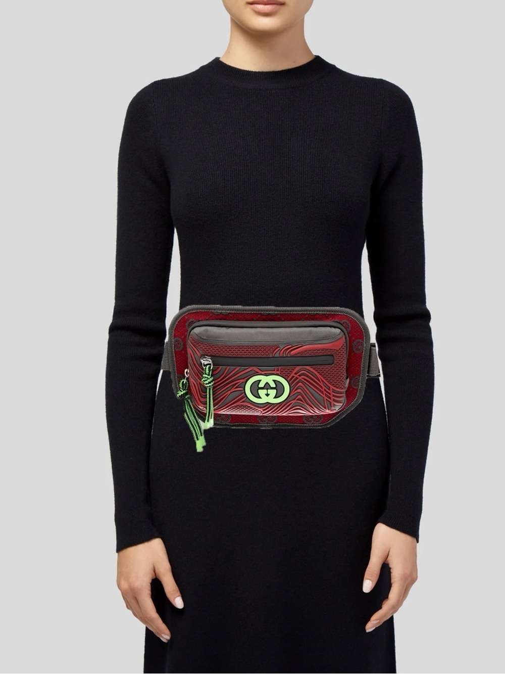 Red Leather Crossbody Belt Bag with Neon Green Accents